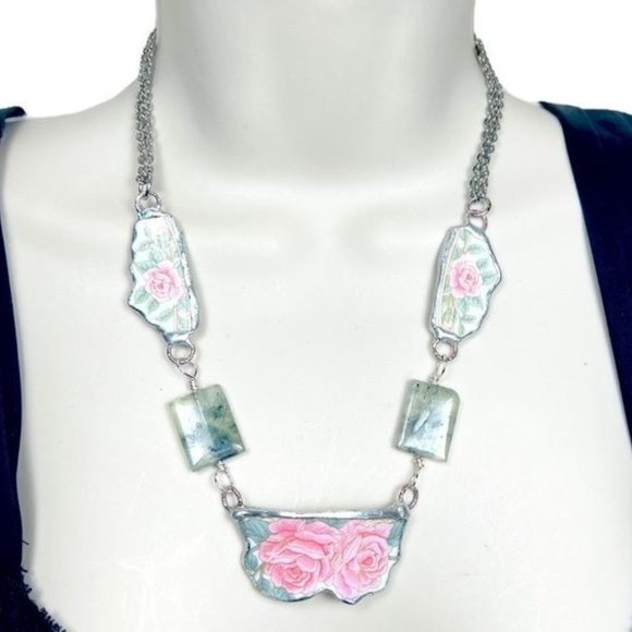 Artisan Antique Roses Broken Lynns China Necklace Hand Soldered Prenhite Stones - Picture 1 of 14